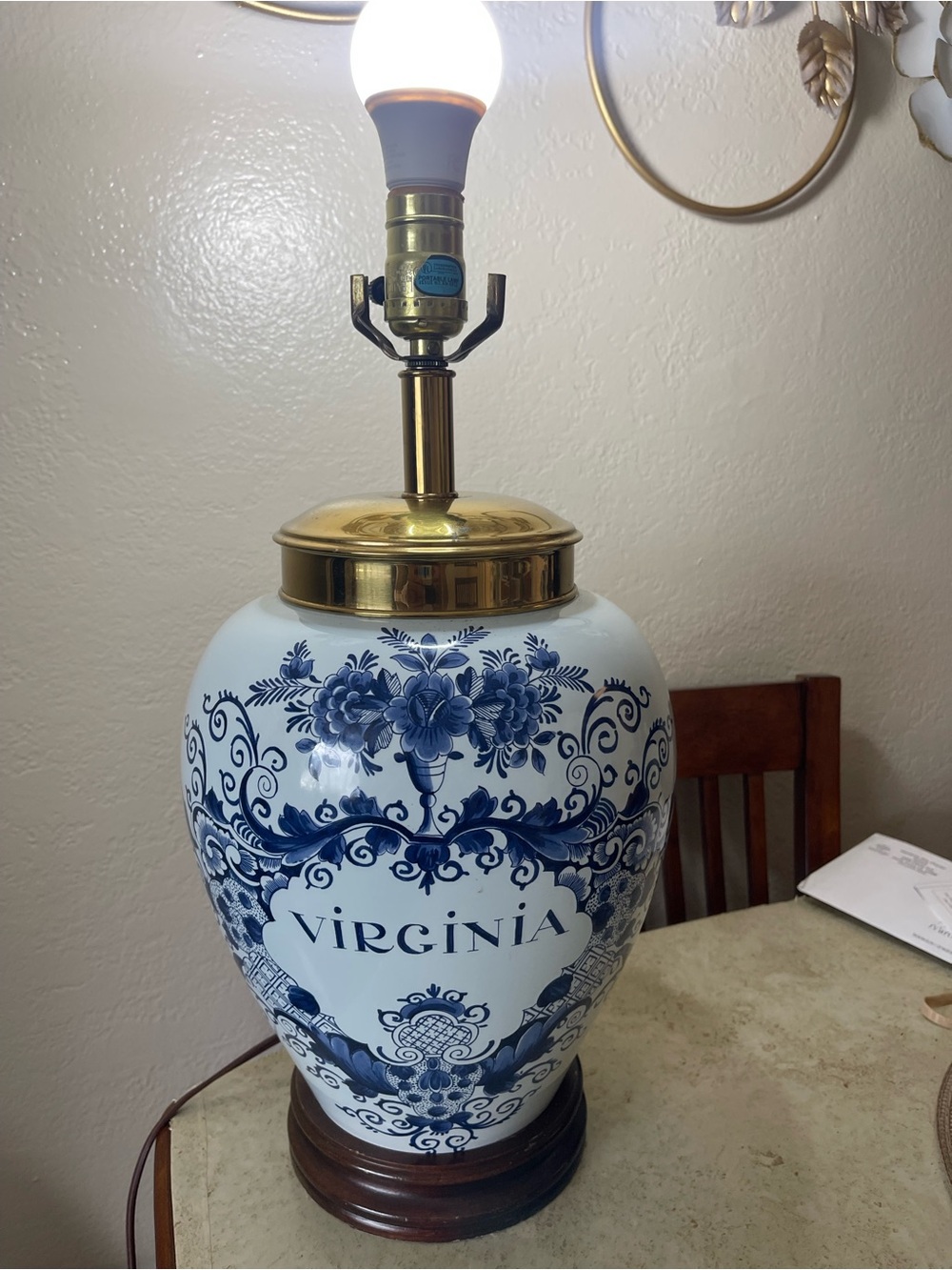 Vintage Delf Williamburg tobacco jar lamp Virginia Lamp with Brass Accents